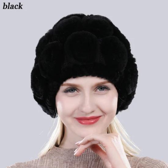 New Arrival Flowers Real Fur Hats Winter Russian Women Natural Rex Rabbit Fur Caps Lady Genuine Rex Rabbit Fur Beanies Cap