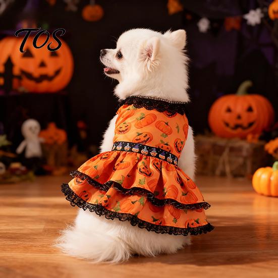 Soft Dog Clothing Halloween Pumpkin Dress, Black Lace Neck Outfit, Ruffled Festive Costume Autumn Pet Party for Small Dogs Holiday Dress