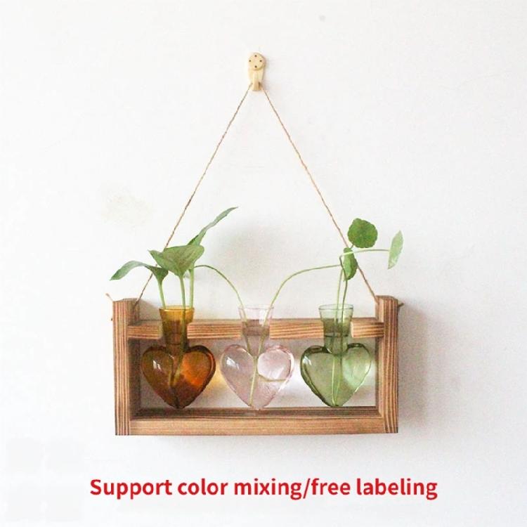 Heart Shape Glass Vases Propagation Station For Indoor Hydroponics Planter Plant Terrarium With Wooden Stand Home Decors
