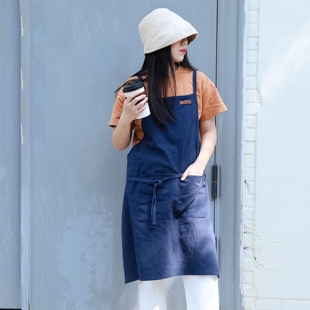 Förkläde i bomull i japansk stil, smutsavvisande, stora fickor, köksförkläde, lättviktigt, andningsbart, kaféuniform