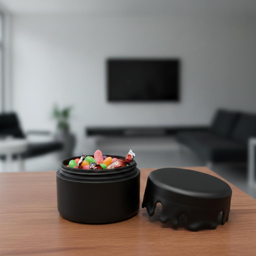 Decorative black container with a screw-on lid for small items