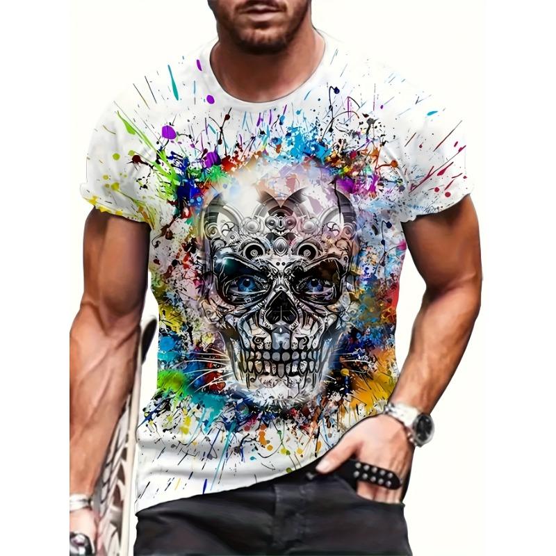 Men's Skull T-Shirt Colorful 3D Paint Splatter Graphic Printed Casual Short Sleeve O-Neck Pullover Streetwear Summer Tee Tops Male Clothing