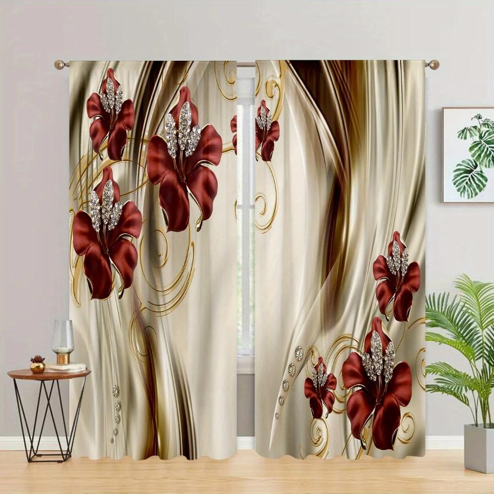 2pcs Luxury Swan Red Golden Flower Pattern Printed Curtain Home Decor Rod Pocket Curtain For Bedroom Living Room Home Decor