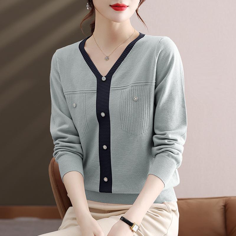 

DAFIFY Женская мода повседневная осень-зима однотонный принт длинный рукав V-образный вырез свитера Size: One Size серо голубой