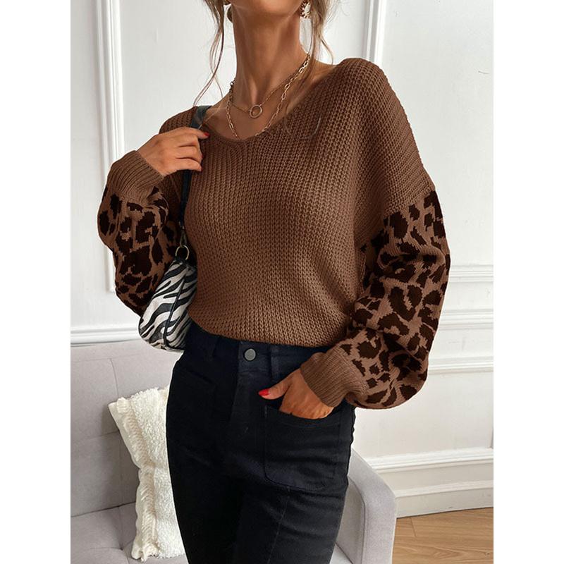 Women's Autumn Winter V-Neck Knitwear Loose Casual Top with Leopard Print Splicing Versatile Fashionable Sweater