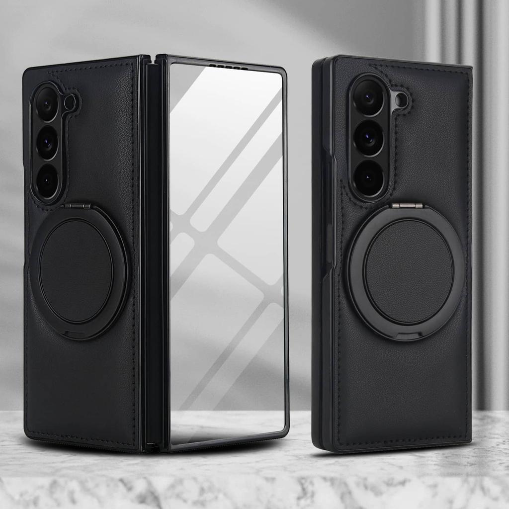 PU Leather Cases for Samsung Galaxy Z Fold 7/6/5/4/3 Built-in Screen Protector Cover Magnetic 360 Rotatable Ring Stand Holder