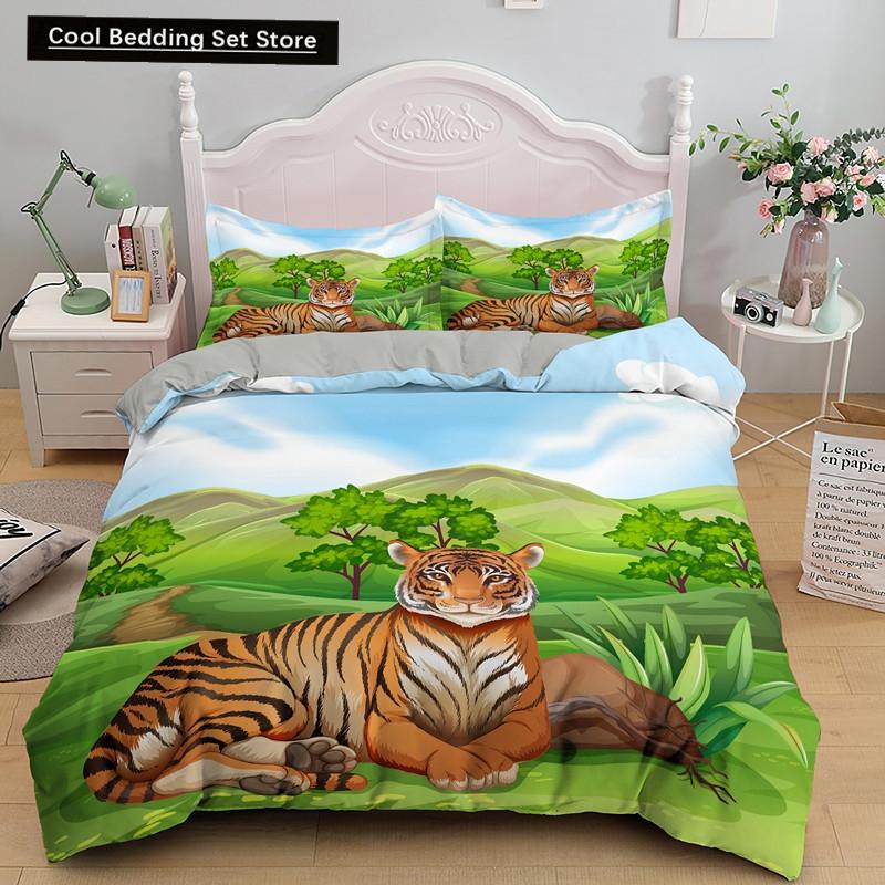 Cartoon Tiger Duvet Cover King Queen Animal Forest Theme Bedding Set for Kids Boys Girls Jungle Wildlife Polyester Quilt Cover