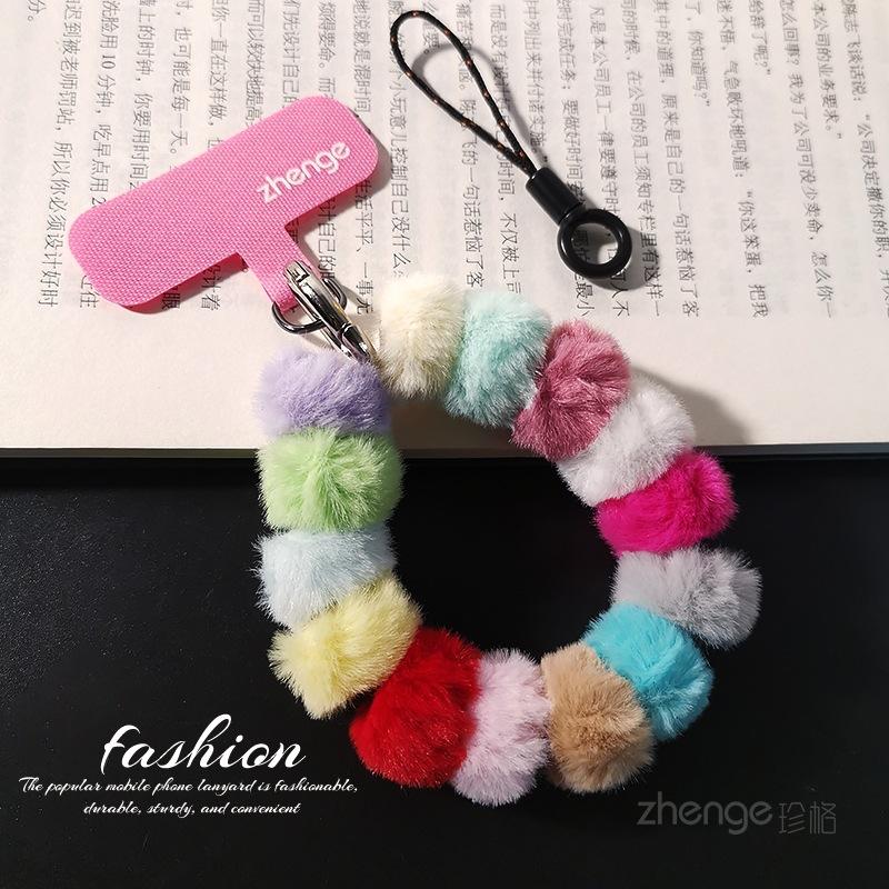 

Color plush mobile phone lanyard bracelet short ins women s wrist pendant cute sweet tether autumn and winter outdoor Colorful plush wrist strap + pink long clip