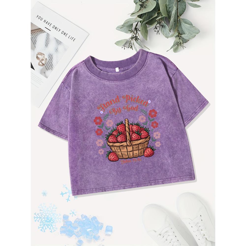 Summer Cotton Crop Tops Womens A Basket Of Fresh Strawberries Prints Washed T-Shirt Fit O-Neck Tees Y2K Clothes