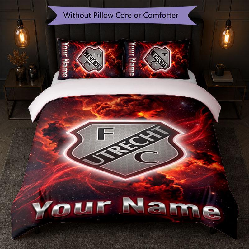 FC Utrecht Set Biancheria da Letto Personalizzato con Nome Testo 1 Copripiumino+2 Federe Logo Calcio Regalo Personalizzato per Occasioni Speciali Decorazione Camera da Letto