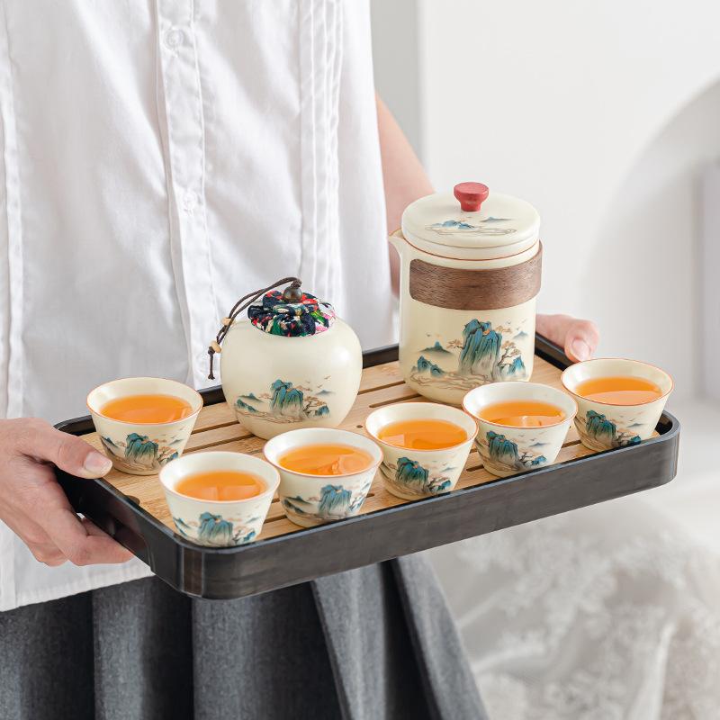 Retro glaze color travel tea set Ru kiln ancient rhyme pot set portable car express outdoor kung fu teapot