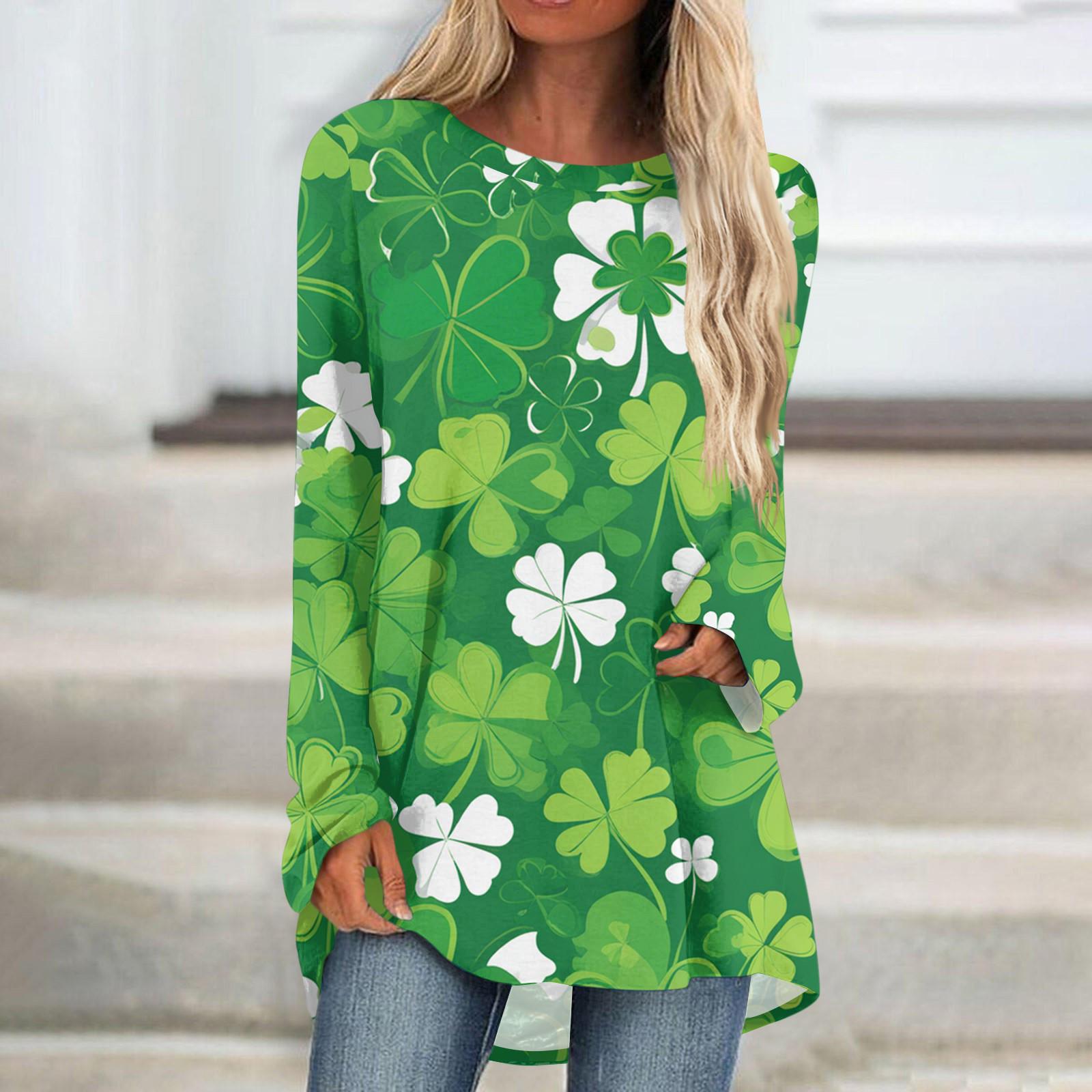 

Женская модная повседневная футболка с принтом, длинный рукав, круглый вырез, средний длинный топ XXL зелёный