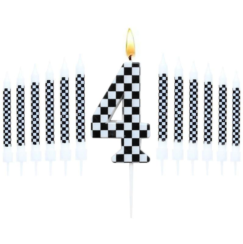 1/6/12/13 Pcs Racing Cars Themed Birthday Candles Black and White Race Number Checkered Candle Cake Topper for Racing Car Party