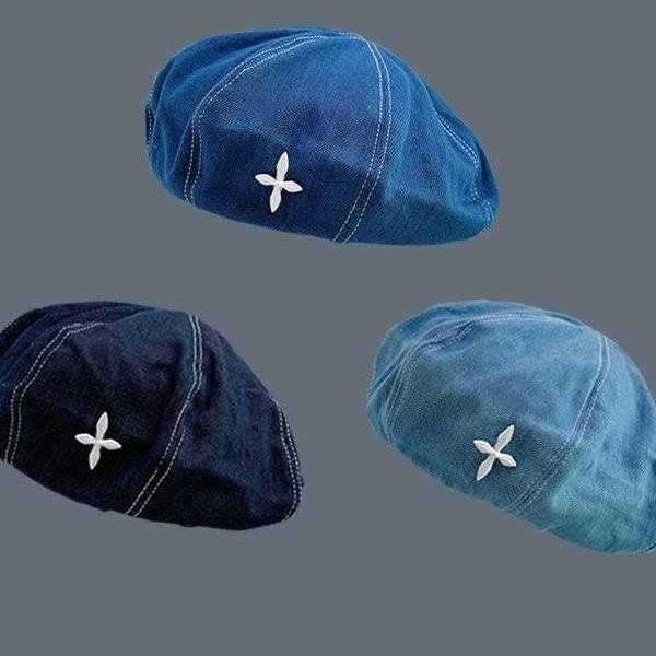 Washed denim hat women's autumn versatile beret retro octagonal hat big head circumference showing face small painter hat