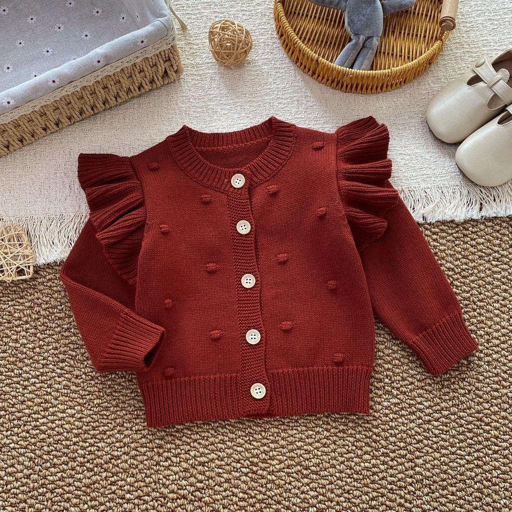 2026 Girls' Pure Cotton Long Sleeve Flutter Cardigan - Autumn/Winter Knit Jacket Top