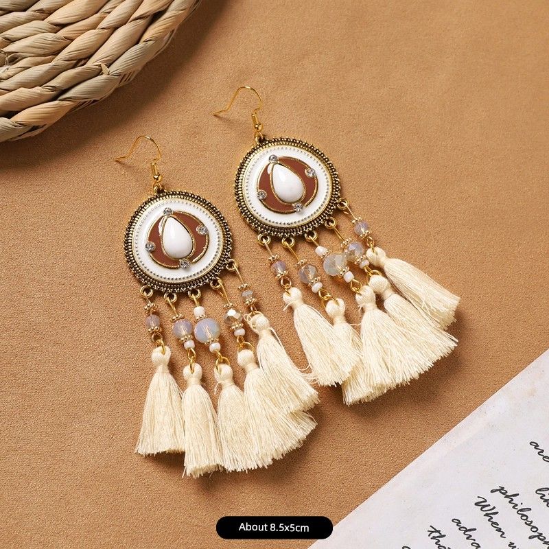 Ethnic Style Bohemia Feather Earrings White Long Style Fashion Retro Stylish Tassel Female Holiday Trip Shoot Earrings
