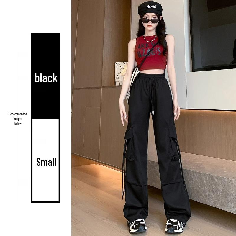 Petite High Waist Pink Parachute Cargo Pants for Women - Wide Leg Summer Sport Pants (145cm)