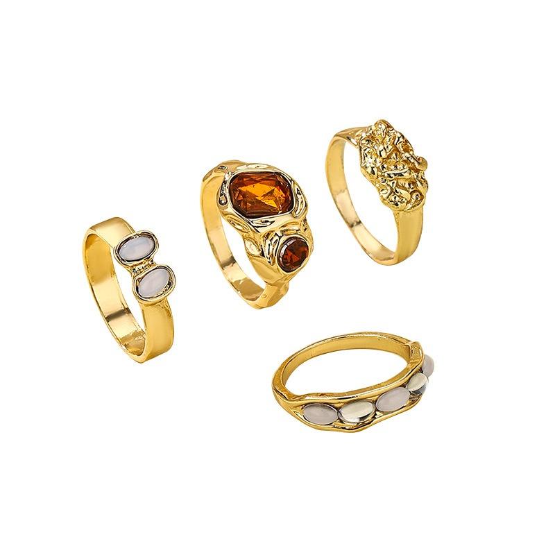 Geometric Niche Design Fashionable Retro Alloy Ring, Irregular Diamond-set Ring Set for Women