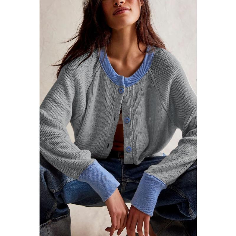 

Женский однобортный свитер с круглым вырезом и контрастными цветами для осени/зимы XL серый