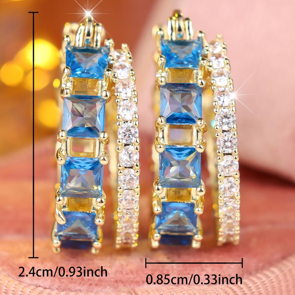 Fashion Gold Color Square Blue White Zircon Double Row Hoop Earrings for Women Party Luxury Jewelry