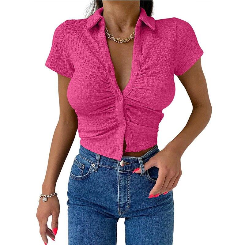 Knopf Kurzarm Slim T-Shirts 2023 Mode Sommer Sexy Crop Top Damen Y2k Streetwear T-Shirt Koreanisch Stilvoll Korsett Blusen 26330