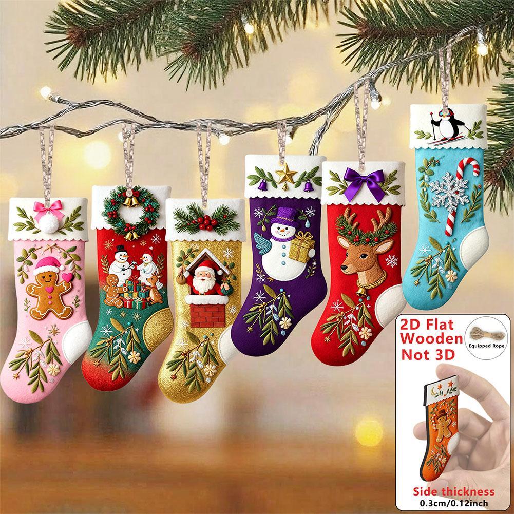 Wooden Christmas Stocking Ornaments 2D Flat Hanging Decorations With Rope, Xmas Tree Pendant For Home Party Holiday Decor Gifts