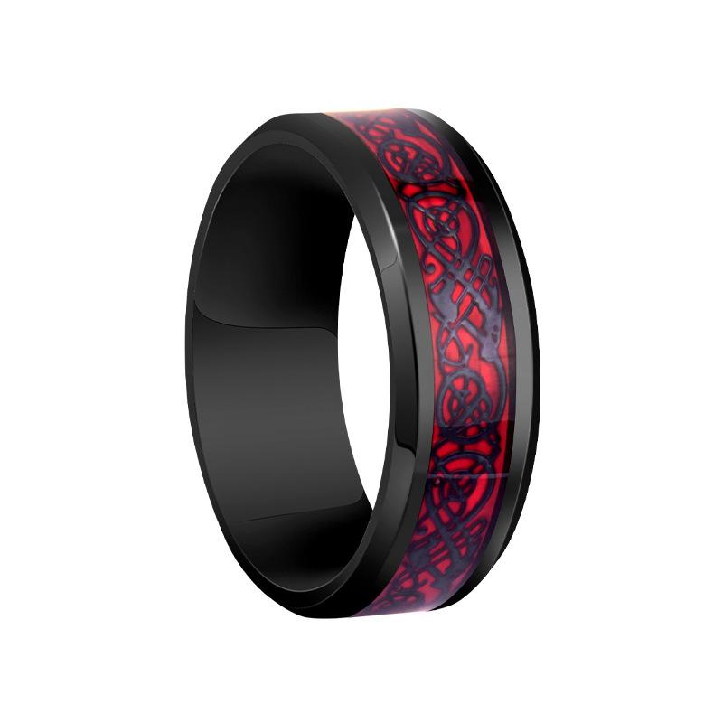 Fashion 8mm Red  Beveled Edge Stainless Steel Celtic Dragon Rings for Men  Carbon Fibre Ring Men Wedding Band