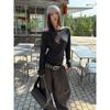 Fashionable Street Casual Shell Button Off-shoulder Long-sleeve High-stretch T-shirt