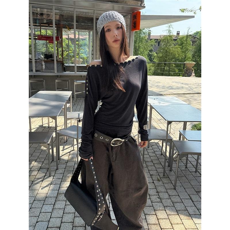 Fashionable Street Casual Shell Button Off-shoulder Long-sleeve High-stretch T-shirt