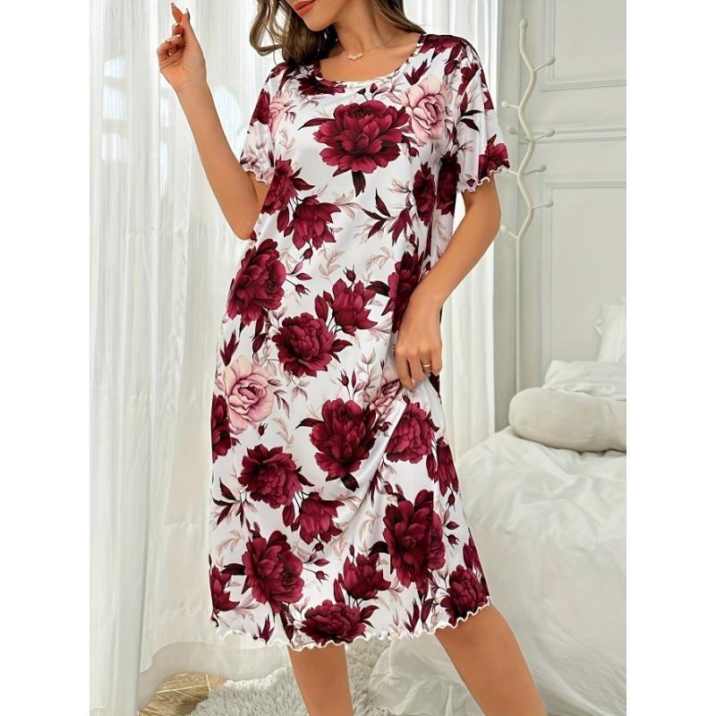 Velká velikost, Kulatý výstřih, Krátký rukáv, Modrý květ meruňky, Domácí oblečení, Noční košile, Šaty, Ležérní, Dámské oblečení s potiskem