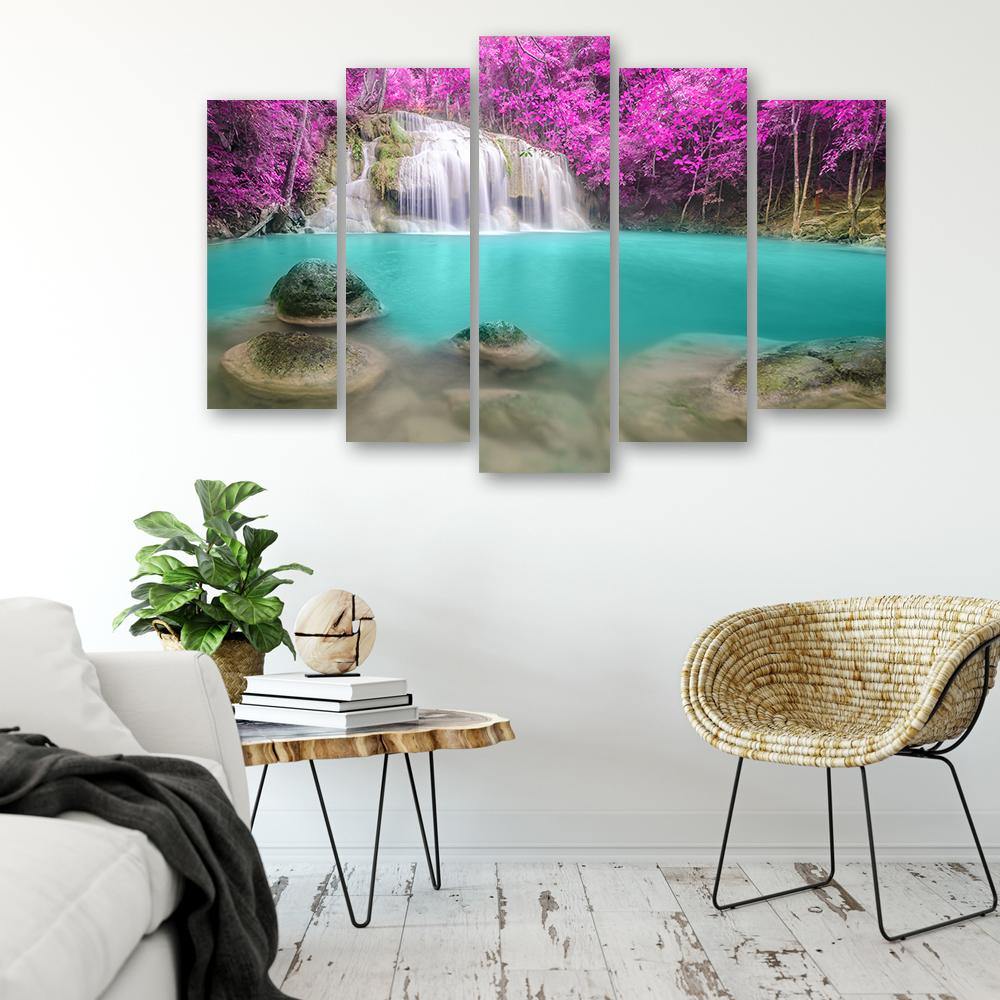 Five Piece Picture Canvas Print Waterfall Lake Landscape