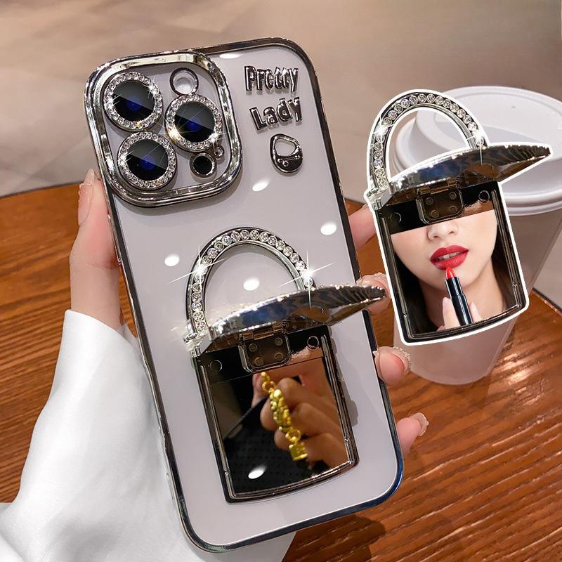 Xiaoxiangfeng Makeup Mirror Bracket Apple 16 Mobile Phone Case IPhone 15pro Electroplating 14 Rhinestone 13 Soft Cover 2