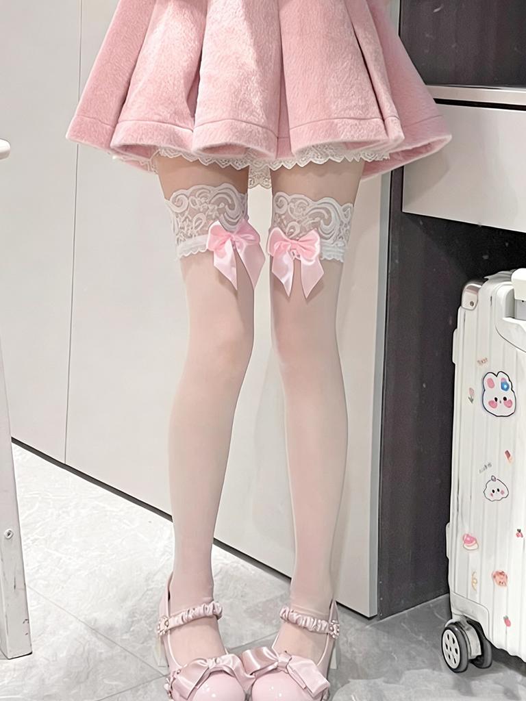 1Pair Sweet Lolita Style Skin Tone Sheer Thigh Highs With Lace & Pink Bows, Soft Skin-Friendly Hosiery For Daily & Date Outfits