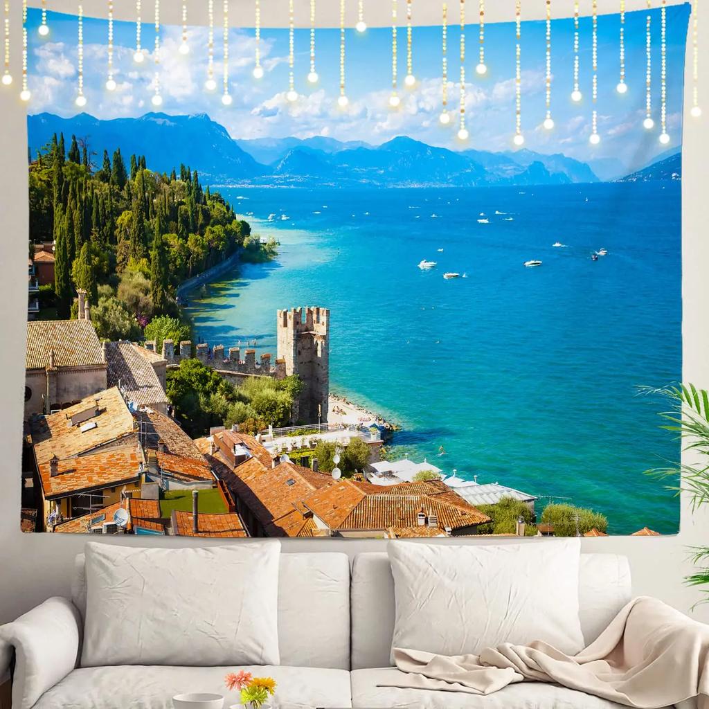 Nature Tapestry Idyllic Village Small Town European Pastoral Scenery Tapestry Wall Hanging Decor for Bedroom Living Room Dorm