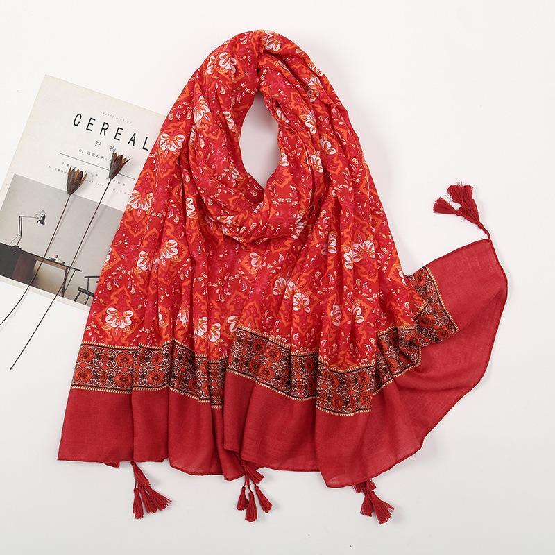 Spring and Autumn New Bali Yarn Tassel Retro Printed Geometric Scarf Versatile Fashion Travel Sunscreen Shawl Silk Scarf Women