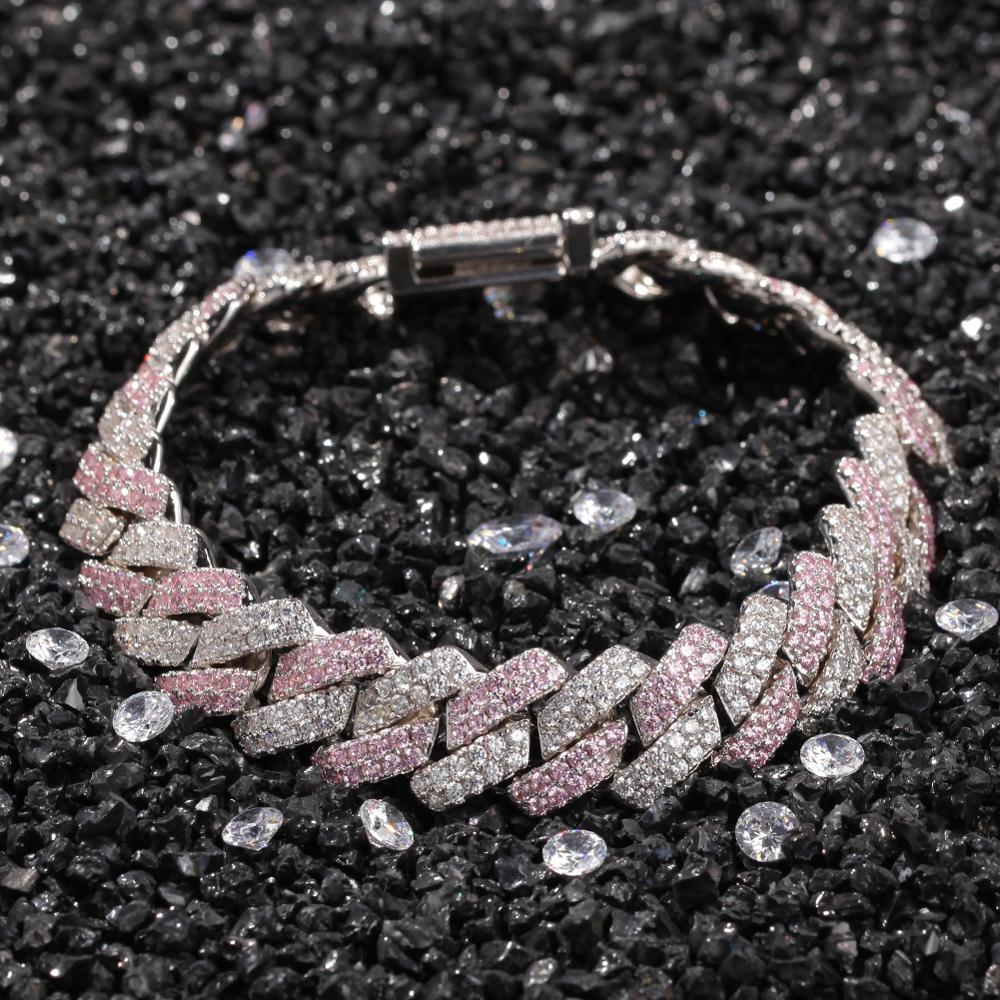 13mm Pink CZ Cuban Link Chain Bracelet for Women Hip Hop Rapper Iced Out Bling Necklace RTS Jewelry Gift