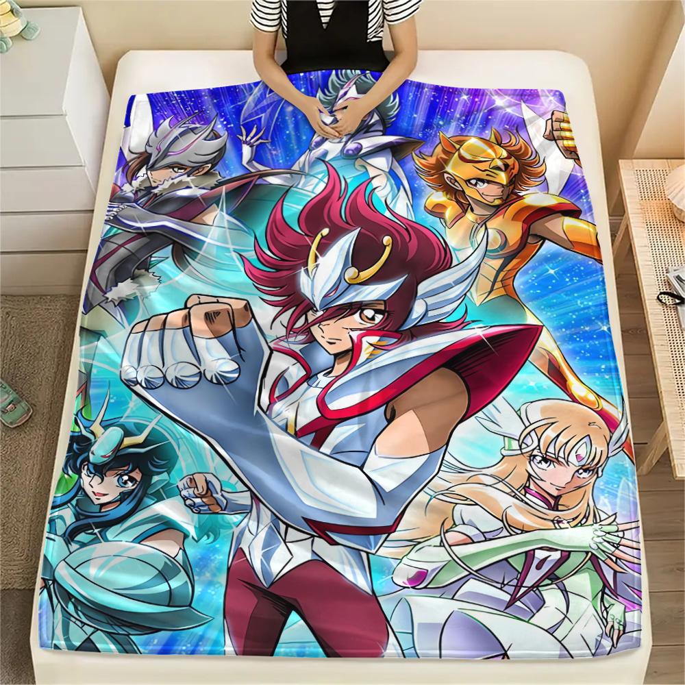 1Pc Saint Seiya Print Flannel Blanket, High quality Comfortable for All Seasons, Home Decor, Warmth and Comfort, Perfect for Christmas Gifts