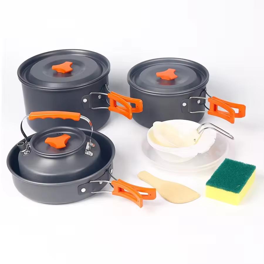 Outdoor Foldable Portable Cookware Set Aluminum Pot Kettle and Fly Pan with Folding Handle for Camping чёрный