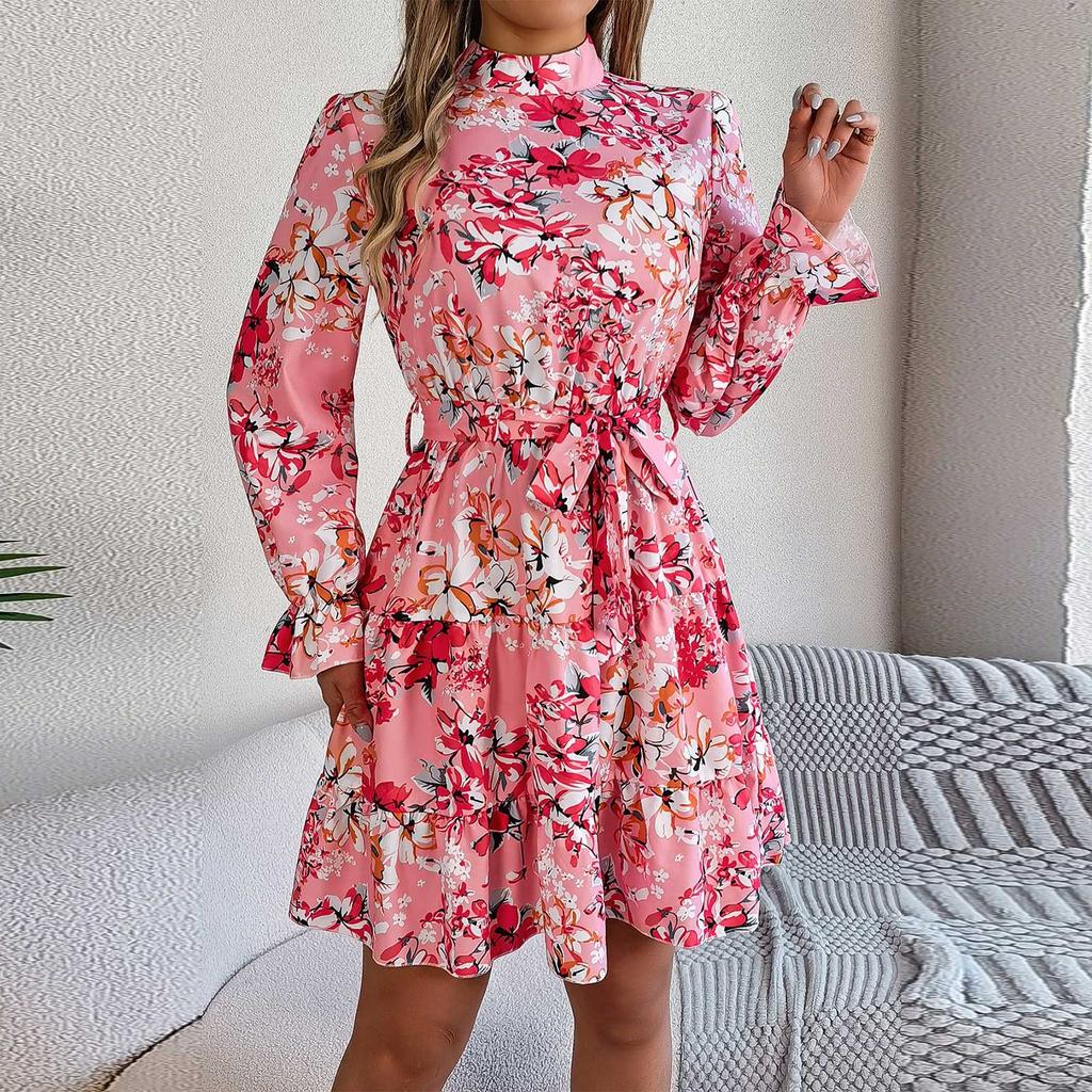 Women's Casual Stand-up Collar Flower Waist Long Sleeve Ruffled A-line Dress