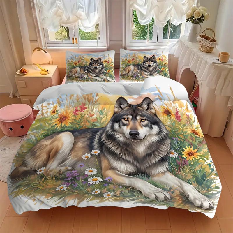 3pcs Wolf's Peaceful Rest amidst Nature's Bounty Quilt Cover Set - Soft and Cozy Bedroom, Guest Room and Dorm Decorative Bedding