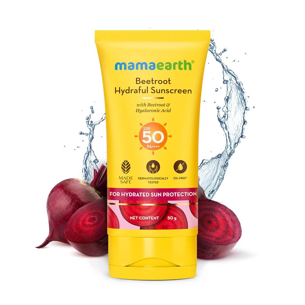 Mamaearth Beetroot Hydraful Sunscreen SPF 50 PA++++ For Tan Protection Hydrating Glow No White Cast 50g For All Skin Types