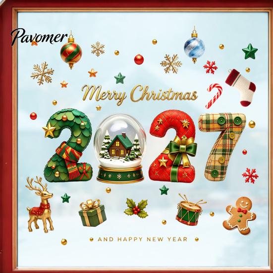 Holiday Glass Stickers Christmas Window Clings, Static Sticker with Merry Christmas, Elk Gingerbread Festive Shop Displays Man Decals, PVC