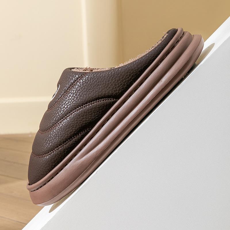 Large Size Cotton Slippers Men's Winter 2025 New Indoor Home Non-slip Thick-soled PU Waterproof Warm Plush Slippers