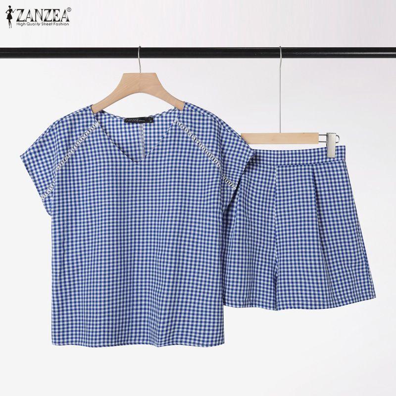 ZANZEA Women Short Sleeve Blouse and Shorts Grid Print Casual Two Piece Suit Sets