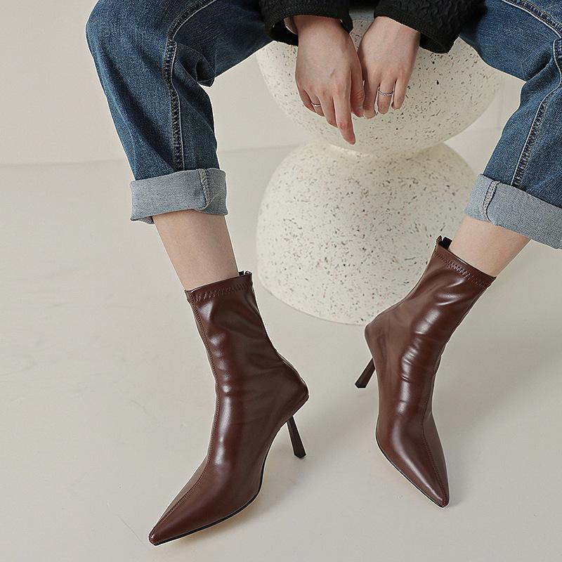 Vintage Brown Pointed Skinny High Heel Skinny Elastic Boots Socks Boots Sexy Women's Short Boots