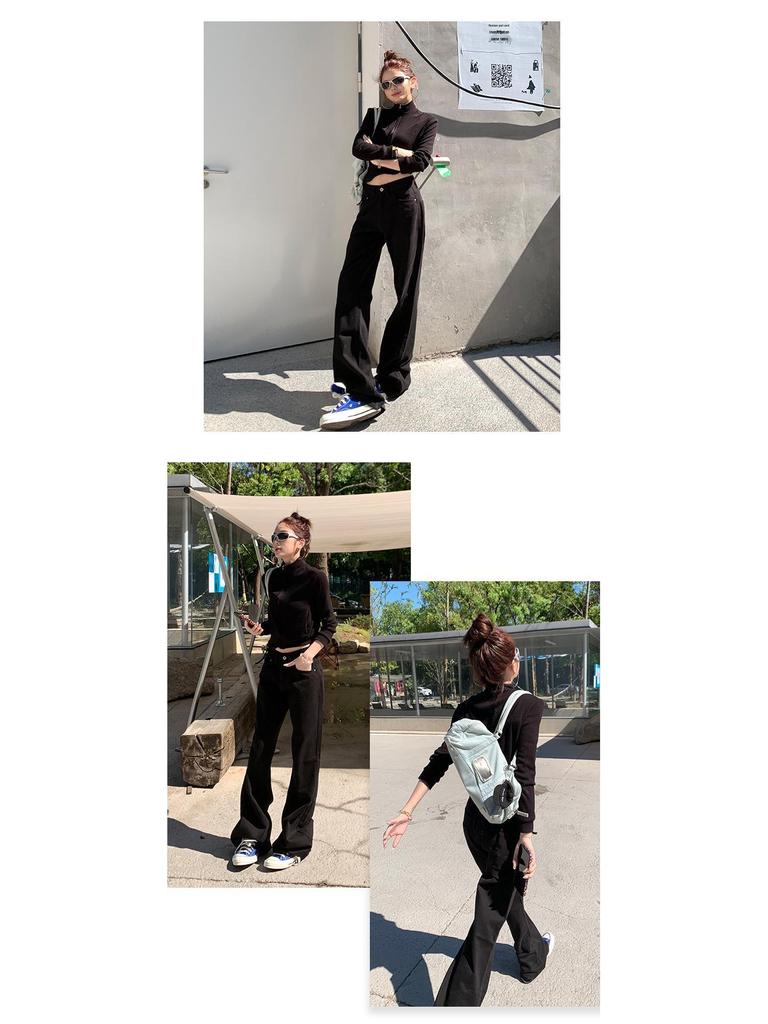 Calças de Jeans Micro-Flare Preto de Cintura Alta Femininas 2025 - Outono Modelador Ajuste Solto, Calças Versáteis Drapeadas até o Chão