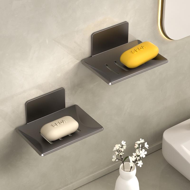 Gun-Grauer Wandmontierter Seifenhalter, Kreatives Ablassdesign, Lochfreies Aluminium-Badezimmerregal