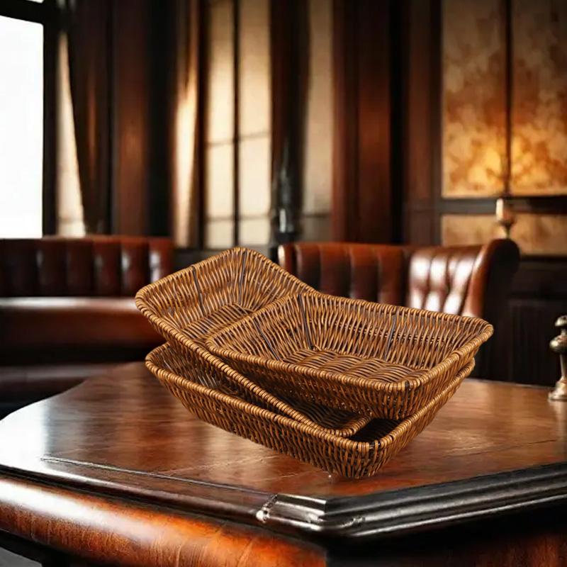 1Pc Snack Plate Afternoon Tea Bread Rectangle Imitation Rattan Plastic Durable Fruit Basket Vine Woven Tray Fried Food