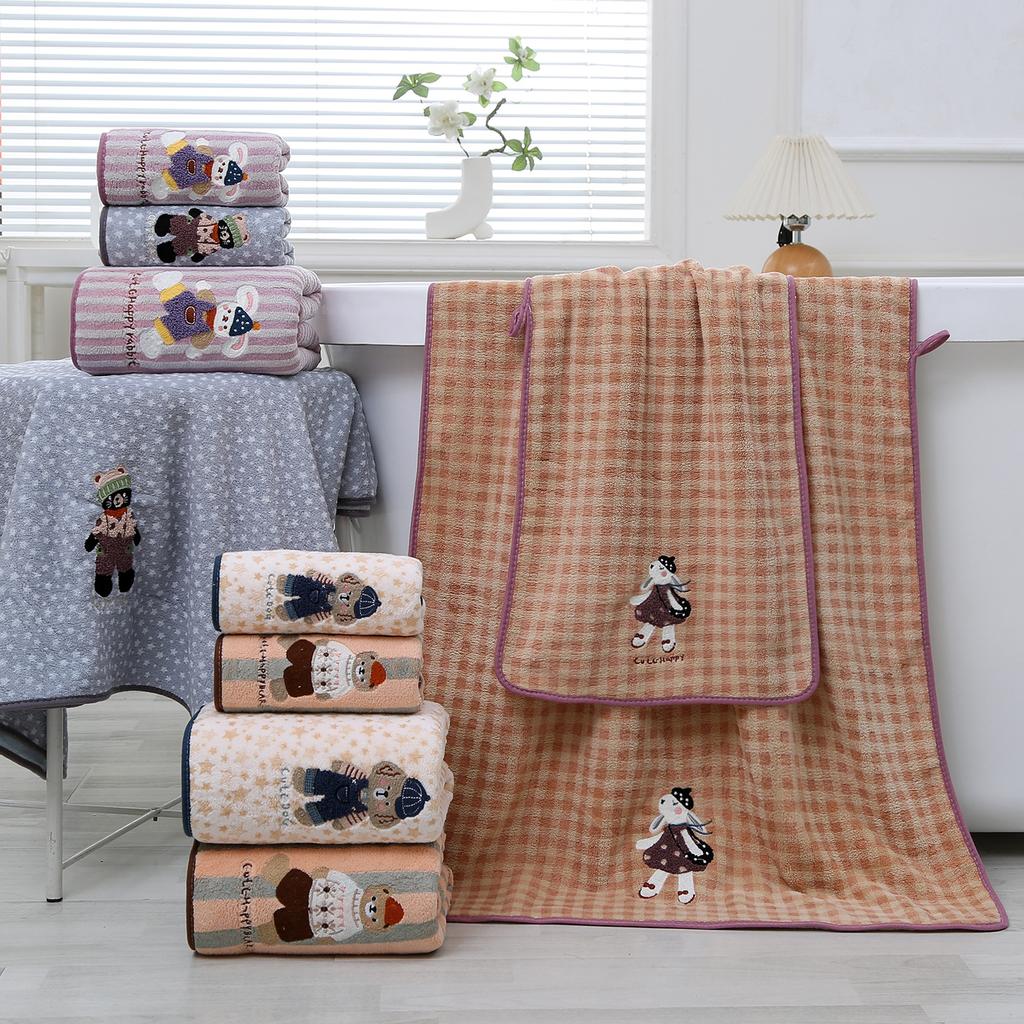 Autumn Winter Thickened Coral Fleece Quick-Dry Towels with Animal Embroidery Polka Dot Soft Bath Towels Set, Thanksgiving Gift Towels, Wash Cloths