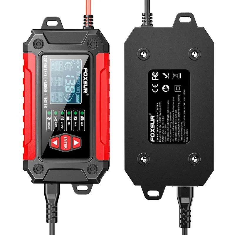 FOXSUR Car Battery Charger 12V 6A FTC-1206 Motorcycle Truck AGM LiFePO4 Lead Acid Batteries Maintainer Digital LCD Display